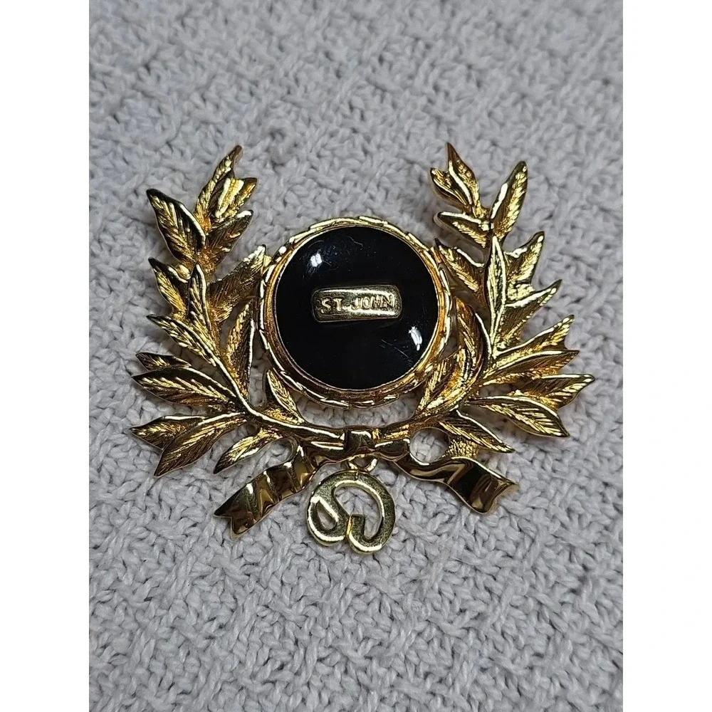 Rare Vintage ST. JOHN Maltese Gold Plated Black Enamel Dangle Logo Pin Brooch